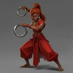 Full body Picture of a Battle Dancer, arab inspired, wearing two metallic rings, dark brown skin, light red hair, waist reaching ponytail, crimson attire, exposed midriff, battle, detailed face features, dark green eyes, gold jewerly, sensual, D&D, by artgerm and Craig Mullins, James Jean, Andrey Ryabovichev, Mark Simonetti and Peter Morbacher, matte painting, trending on artstation, artstationHD, artstationHQ, octane, full HD, 16K