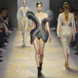 an intricate realistic oil painting of a fashion model resembling lily cole, wearing avant garde fashion, shoes, clothing by alexander mcqueen, clothing by iris van herpen, full body, headspace, runway, by tom bagshaw, by karol bak