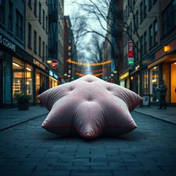 a star shaped pillow in the middle of the street, dynamic lighting, photorealistic