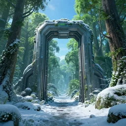 frozen derelict portal in a middle of a snowy lush futuristic forest, green lush world seen only through a portal, daylight, cinematic lighting, blue sky, syd mead, john harris