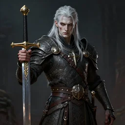 an oil art portrait of young handsome pale roma, grim dark warrior from gwent cards, gipsy blood mage with great sword character design from inquisition, 4 k, ultra detail, volumetric lighting, unreal engine, octane render