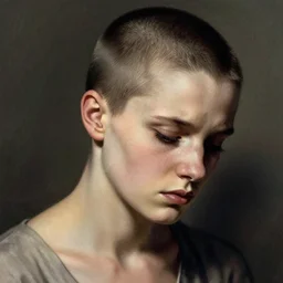 a beautiful portrait of a tired, sickly, thin young woman with a buzz cut, by greg hildebrandt