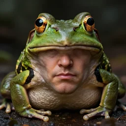 hyperrealistic mixed media image of ( ( bullfrog ) ) with human face info wars alex jones, stunning 3 d render inspired art by xiang duan and thomas eakes, perfect facial symmetry, hyper realistic texture, realistic, highly detailed attributes and atmosphere, dim volumetric cinematic lighting, 8 k octane detailed render, post - processing, masterpiece,