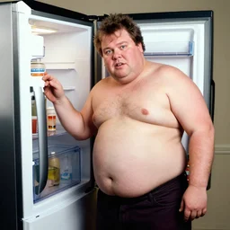 Studio Photograph of a real life Super morbidly obese 800 pound American adult man trying to get into a refrigerator in the Style of Annie Leibovitz,