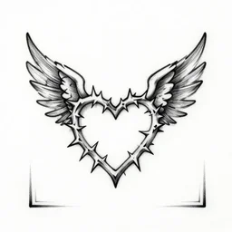 tattoo design, isometric Winged-thorny-heart fractal, simple design on white background, clean black pen drawing, a fancy square tile