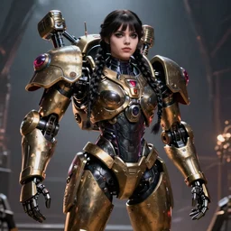 hyper realistic photography of heroic warhammer machine robotic android girl, wednesday addams, cinematic, chaos marine, artstation, cgsociety, full body greg rutkowski, james gurney, mignola, craig mullins, brom redshift, vray, octane