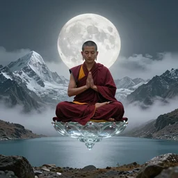 buddhist monk from transparent glass in traditional dark red cloth in lotus position and hands in namaste, fly over himalaya mountains gokyo lake in weightlessness, big moon, small fog and gloomy atmosphere, highly detailed science fiction illustration by jeremy geddes. photorealistic, hyper detailed illustration, 8 k, movie still