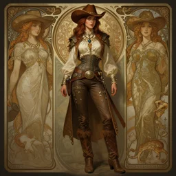 beautiful female cowgirl, full body shot, d & d, fantasy, intricate, elegant, highly detailed, digital painting, artstation, concept art, matte, sharp focus, illustration, hearthstone, art by artgerm and greg rutkowski and alphonse mucha