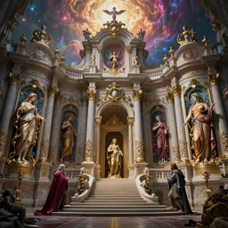 mythological temple dedicated to wine, by Rolf Armstrong and Evelyn De Morgan and Bastien Lecouffe-Deharme, dramatic lighting, high contrast colors, baroque, empyrean, panoramic view, as trending on Artstation, highly detailed, doom engine,