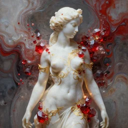 abstract highly detailed female sculpture drawing made of white marble and red crystals quartz and minerals, ethereal lights, fine details, artstation, digital paint, rim light, cinematic photoshooting, illustration, 8 k, intricate golden filigree, octane render, hypperrealistic painting, abstract liquid acrylic art, painting by james gilleard and minna sundberg