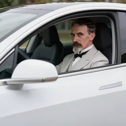 nikola tesla driving a tesla in 2 0 2 2 model 3, natural light, close shot