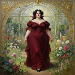 a stunning matte landscape painting of a thicc and voluptuous black haired vampire queen wearing a floor length dark crimson dress walking through a flowering garden, greenhouse in the background, intricate, elegant, highly detailed, digital painting, artstation, sharp focus, illustration, art by rebecca guay and arthur rackham and alphonse mucha and john william waterhouse, pixv