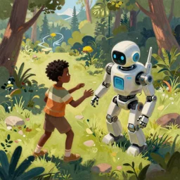 a black kid playing with a futuristic robot in the nature, mixing solarpunk, afropunk, cyberpunk, ( ( ( ( volumetric light ) ) ) ), high angle, part by pearl fryar, part by prince damah, sunny day, trending on artstation, cinematic view, illustration, painting.