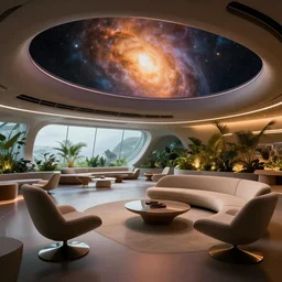 ultra modern concept design of a vast spaceship interior, futuristic chairs and sofas can be seen in the foreground, the warm light of a large nebula enters from a window, large plants in the background, in the style of Charles Eames and Blade Runner and Syd Mead, wide angle shot, Leica Summicron-T 23 mm f/2