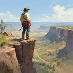 wild west portrait of brawny burly surly cowboy man standing at the edge of a steep sharp cliff extreme drop looking out at the valley facing away, sunny day, digital art by Nerdrum John, William Waterhouse, Winslow Homer, Alex Heywood, Jordan Grimmer, Darren Quach, Greg Rutkowski, Simon Stalenhag, trending on Artstation, CGSociety