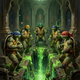 mutant ninja turtle congregation in a puritan church in an underground sewerage network, unadorned, green glowing slime flowing down from the sewers, intricate, highly detailed, digital painting, artstation, concept art, cinematic lighting, illustration, by artgerm, greg rutkowski, alphonse mucha, cgsociety