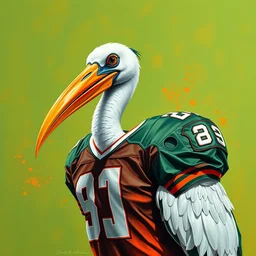 realistic painting, an ibis wearing an american football jersey, orange and green color scheme, vivid colors, octane render