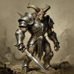 A spiked horned semiork-semihuman with armored joints stands with sword in hand. Massive shoulderplates. Realistic, fantasy art, solo, masterpiece, art by Zdzisław Beksiński, Arthur Rackham, Dariusz Zawadzki