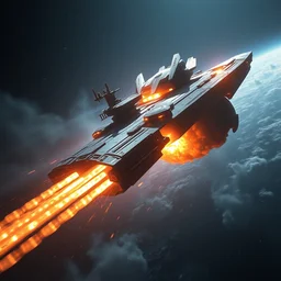 a single giant scifi spacecraftcarrier, exploding in a blaze in deep space, exhaust engine fire, alex ross, eddie mendoza, raphael lacoste, star citizen, star wars, perry roden, horizon zero dawn, sebastian ludke, concept art, matte painting, highly detailed, rule of thirds, dynamic lighting, cinematic, realism, realistic, photo real, detailed, magnif