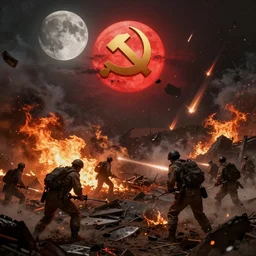 the forces of the american empire engaged in nuclear combat with the chinese communist party, devastating, post apocalyptic, in the style of ilya repin, dark, bloody, fire, shattered land, burning moon, meteors, debris, death, suffering, extreme details, hyperrealistic, maya render, blender, arthur, octane render, 8 k, dynamic lighting, red sun, ash
