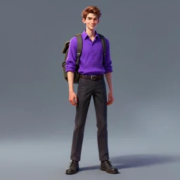 detailed character full body portrait of a skinny androgynous merchant salesman backpack smirking purple button shirt on smoky neon background artgerm greg rutkowski mucha