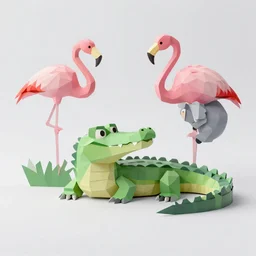 low poly render, crocodile flamingo koala, paper