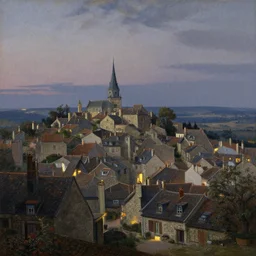 a small town at twilight, very high detail, painted by gaston bussiere