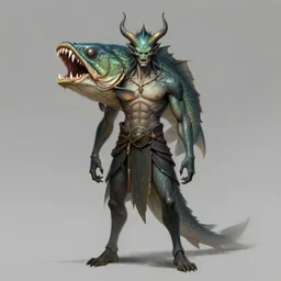 full - body portrait of a fish demon, sharp teeth, concept art