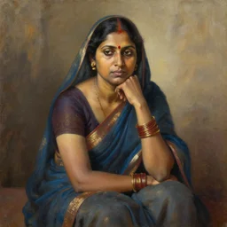 oil painting portrait of an indian woman sitting in deep thought
