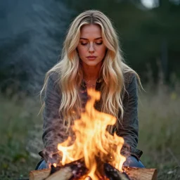 photo of hillbilly with long blonde hair around a bonfire, symmetric face