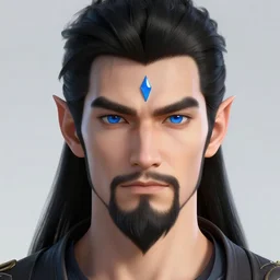 male black haired elf, strong chin, black goatee, blue eyes, blue gem in forehead, artstation, style of jesper ejsing, by rhads, makoto shinkai and lois van baarle, ilya kuvshinov, ossdraws