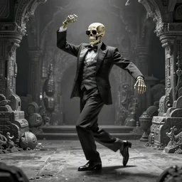 a skeleton in sunglasses and an elegant suit dancing, digital art, limited color palette, gray dungeon background, very realistic, artstation