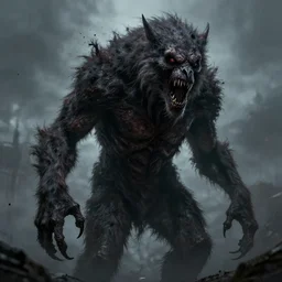 A detailled creepy monster, howl-like, creepy, huge, dark, dark particles, furr, realistic.