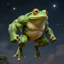 a muscular green! pepe frog with big muscular legs jumps to the sky to become one with the stars, by mucha and caspar david friedrich, atmospheric lighting, intricate detail, cgsociety, hyperrealistic, octane render, rpg portrait, ambient light, dynamic lighting