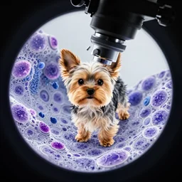 microscopic photo of a tiny yorkie dog under a microscope, cellular