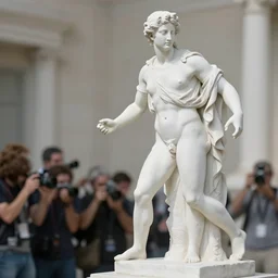 a greek statue chased by paparazzi