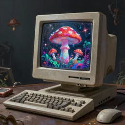 A realistic painting of a vintage computer, with a psychedelic mushroom on the screen, in a post apocalyptic setting, unreal 5, DAZ, hyperrealistic, octane render, RPG portrai5t, dynamic lighting