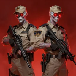 pale zombie security officers in beige uniform by greg rutkowski trending on artstation digital painting glowing red highly detailed 4 k 8 k hd holding bullpup