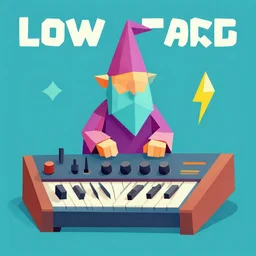 low poly'' wizard of analog synthesizer'' cover art, technicolor, orthographic
