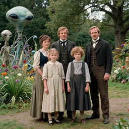 sharp, highly detailed, 36864k film, 175000mm film still from a sci fi blockbuster color movie made in 2019, set in 1860, of a family standing in a park, next to some strange alien plants and flowers, on an alien planet, the family are all wearing 1860s era clothes, good lighting, enhanced faces, 105mm f/1.4L lens