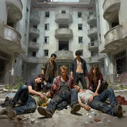 a group of drug addicts passed out in an abandoned art deco designed apartment building, by shigenori soejima, by frank frazetta, by thomas kinkade, by ilya kuvshinov, digital painting masterpiece, beautiful brush strokes, advanced lighting technology, symmetry!!!, accurate and realistic faces and anatomy