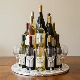 a birthday cake made out of wine bottles and wine glasses, high quality 4 k photo, beautiful, festive, happy birthday