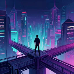 a man standing on top of a bridge over a city, cyberpunk art by James Gilleard, cgsociety, retrofuturism, synthwave, cityscape, 2d game art