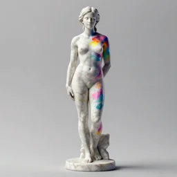 3D print marble sculpture of Emma Watson by Jean-Baptiste Carpeaux and Luo Li Rong and Michael James Talbot, standing posture hands behind back, perfect symmetrical face, colorful, bright psychedelic colors, bodypaint, acrylic paint splashes, full length shot, elegant, realistic, 8K, female full-skin figure, hyperrealism, subsurface scattering, raytracing, soft light, Octane Render, Redshift, Zbrush