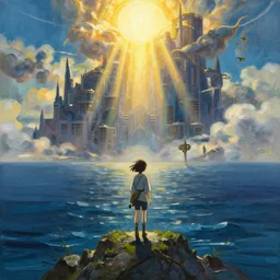 baroque acrylic palette knife brush strokes, key visual concept art, wanderer above the sea of fog 1 8 1 8 but with anime girl, sunrays breaking through clouds, brutalist fantasy, rule of thirds golden ratio, fake detail, trending pixiv fanbox, style of makoto shinkai ghibli takashi takeuchi yoshiyuki sadamoto jamie wyeth james gilleard greg rutkowski chiho aoshima