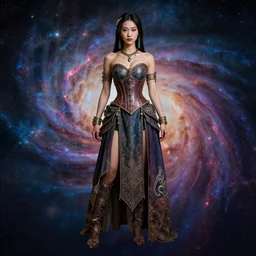 concept art of asian female Void Walker, slavic style dress, corset, full body, Realistic, nebula background, intricate details, colourful, by Jason Chan
