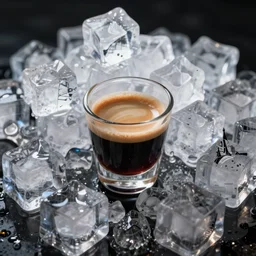 a huge amount of ice cubes and a single shot of espressor, food photography, incredible lighting