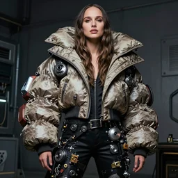 beautiful fantasy character portrait, natalie portman, wearing oversized puffy punk style jacket, ultra realistic, wide angle, seductive pose, cyberpunk artifacts, highly detailed by peter mohrbacher, hajime sorayama, wayne barlowe, boris vallejo, aaron horkey, gaston bussiere, craig mullins