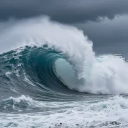 giant ocean wave in a thunder storm with a ship fighting through the waves