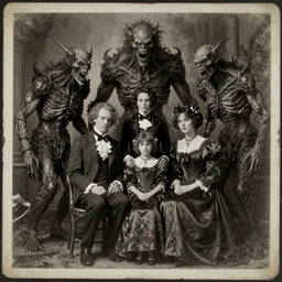 vintage photograph monochrome plate, monstrous mutant victorian family of demonic cenobite people posing with grotesque gigantic lovecraftian monsters, distressed old photo, deteriorating, grunge, antique, slight sepia tone, horror, madness